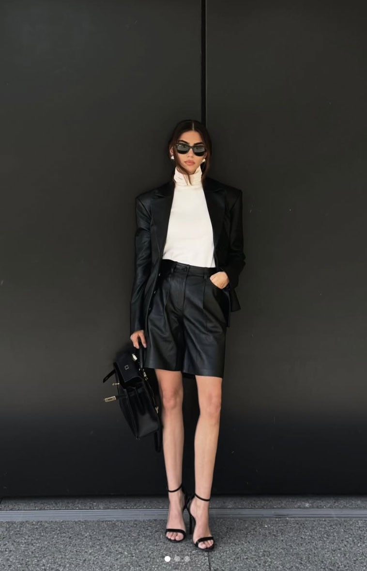 Black Blazer Leather Shorts and Strappy Heels — Trendy Outfits