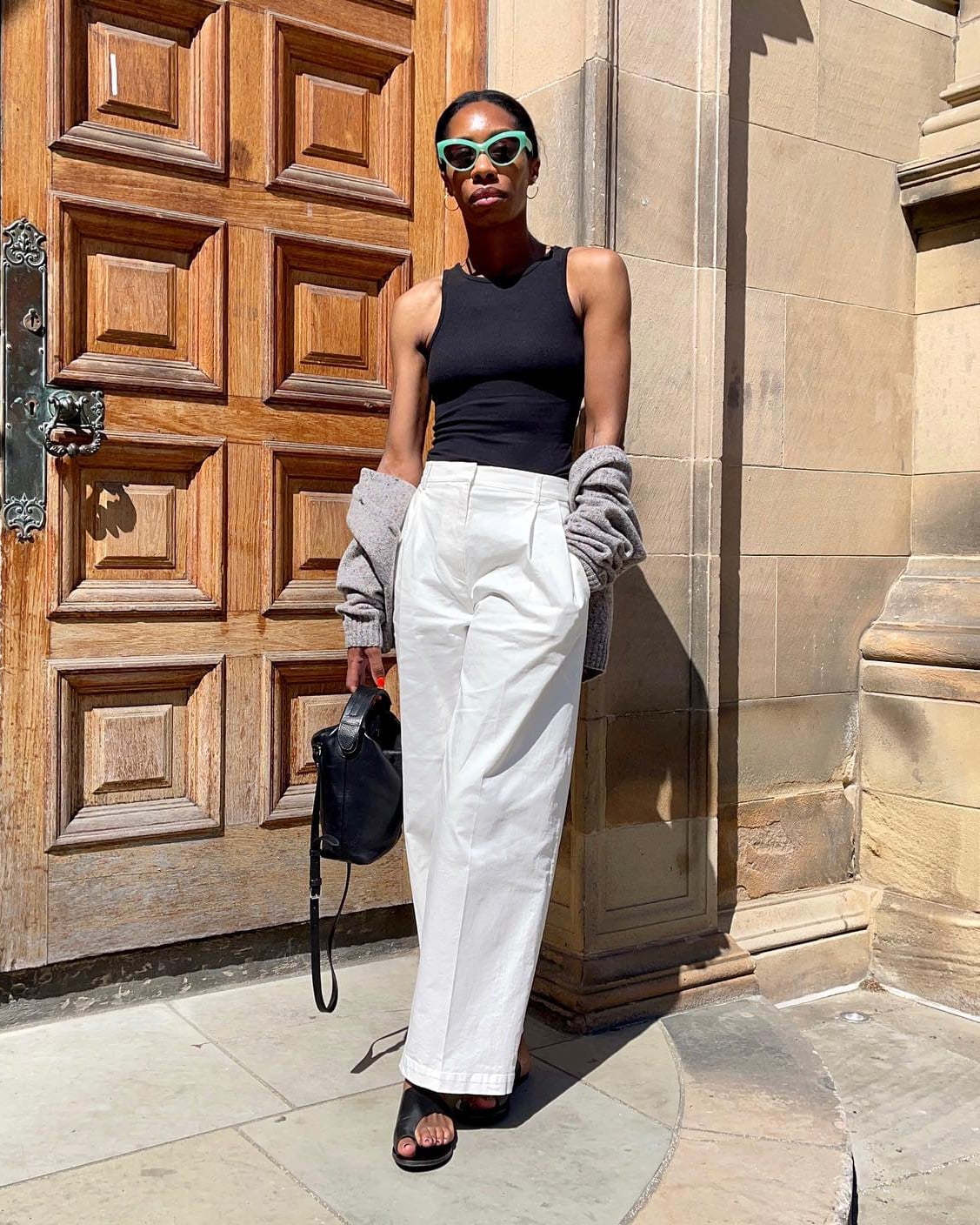 White Wide Leg Trousers Draped Cardigan and Block Heels — Trendy Outfits