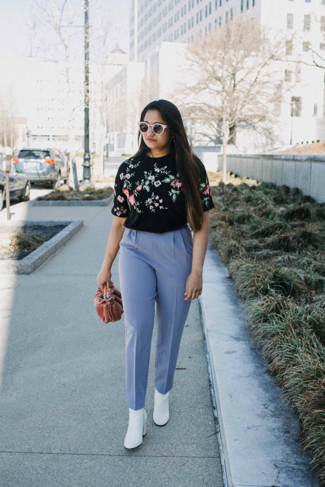 Floral Print Top Straight Leg Trousers and Ankle Boots — Trendy Outfits