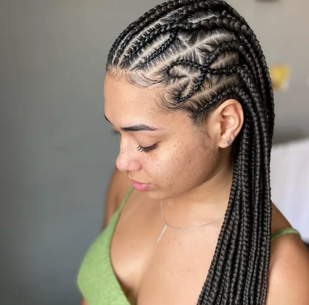 Braided Ponytail With Geometric Patterns Braided Ponytail With Geometric Patterns — Tribal Braids Hairstyles