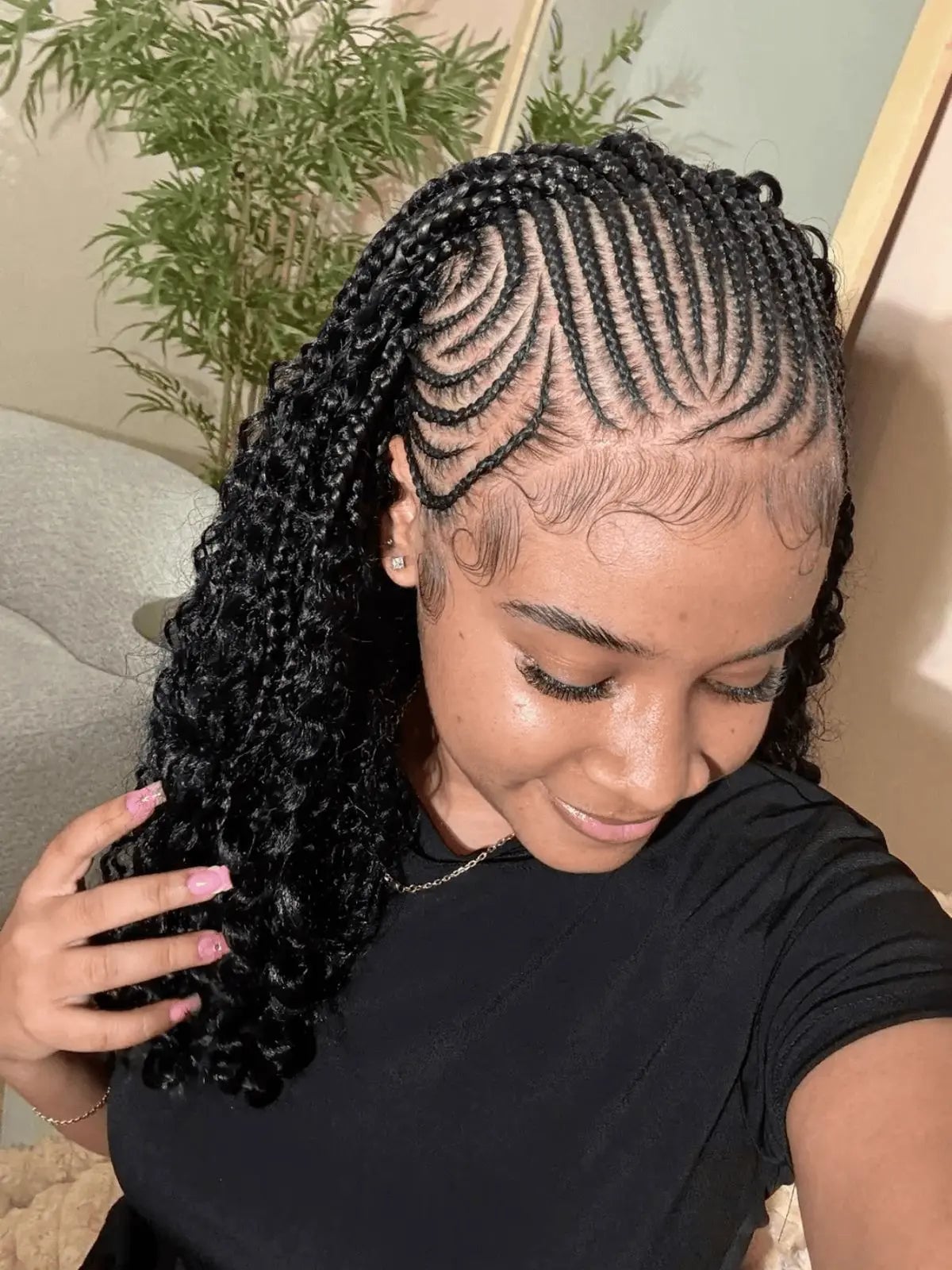 Cornrows With Curved Lines and Curly Braids Cornrows With Curved Lines and Curly Braids — Tribal Braids Hairstyles