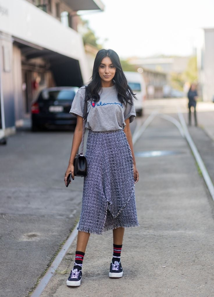 Gray T-shirt With Textured A-line Skirt And Patterned Socks Gray T-shirt With Textured A-line Skirt And Patterned Socks — Tshirt Outfit