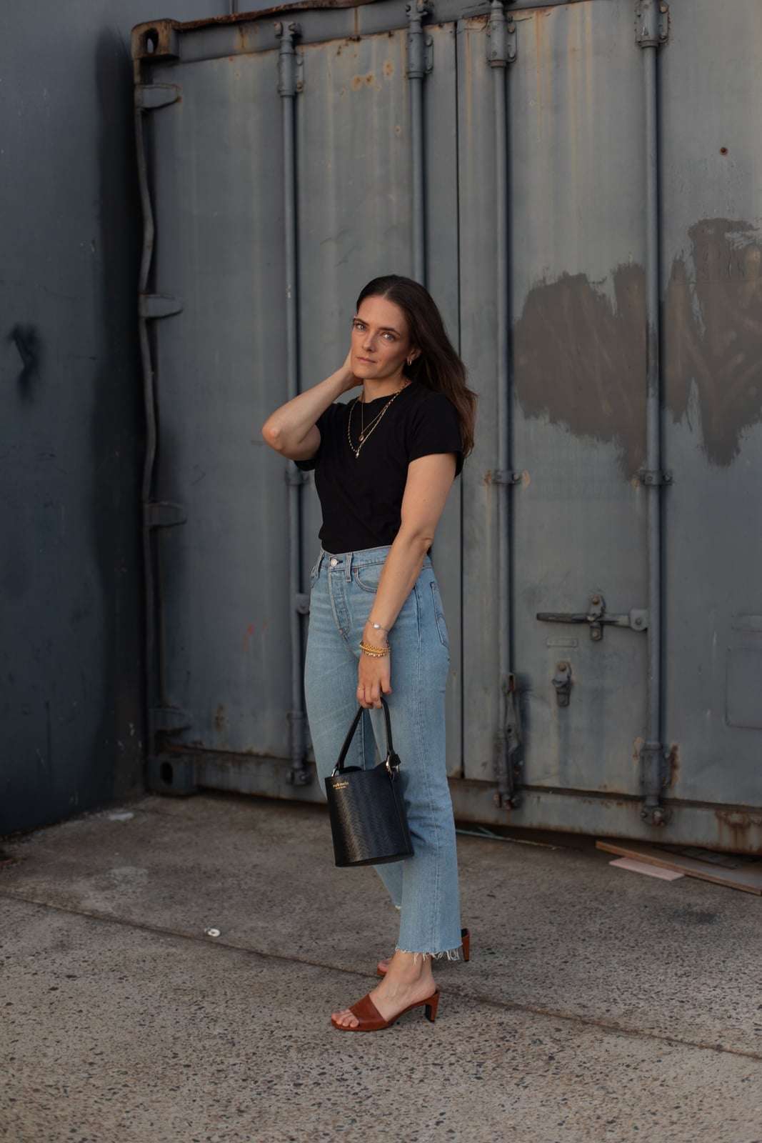 Black T-shirt With Straight-Leg Jeans And Brown Mules Black T-shirt With Straight-Leg Jeans And Brown Mules — Tshirt Outfit