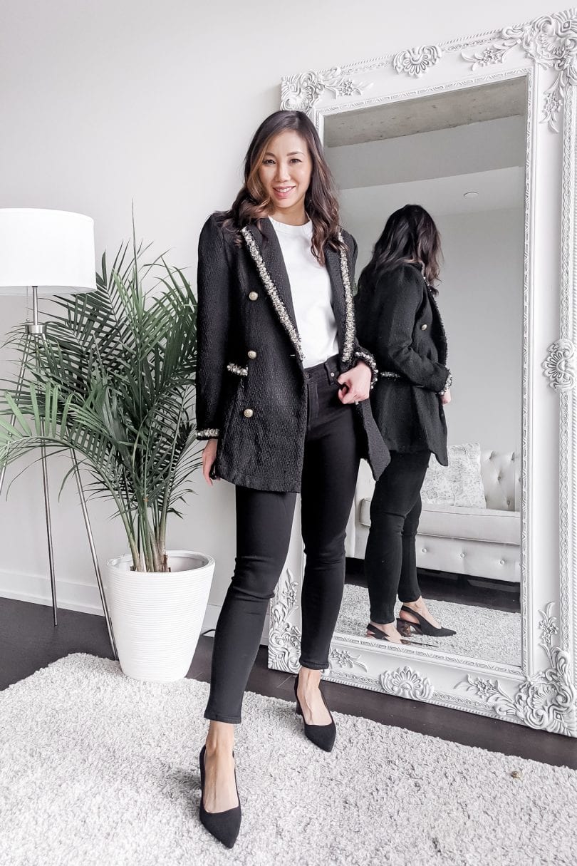 White T-shirt Under Textured Blazer With Charcoal Trousers White T-shirt Under Textured Blazer With Charcoal Trousers — Tshirt Outfit