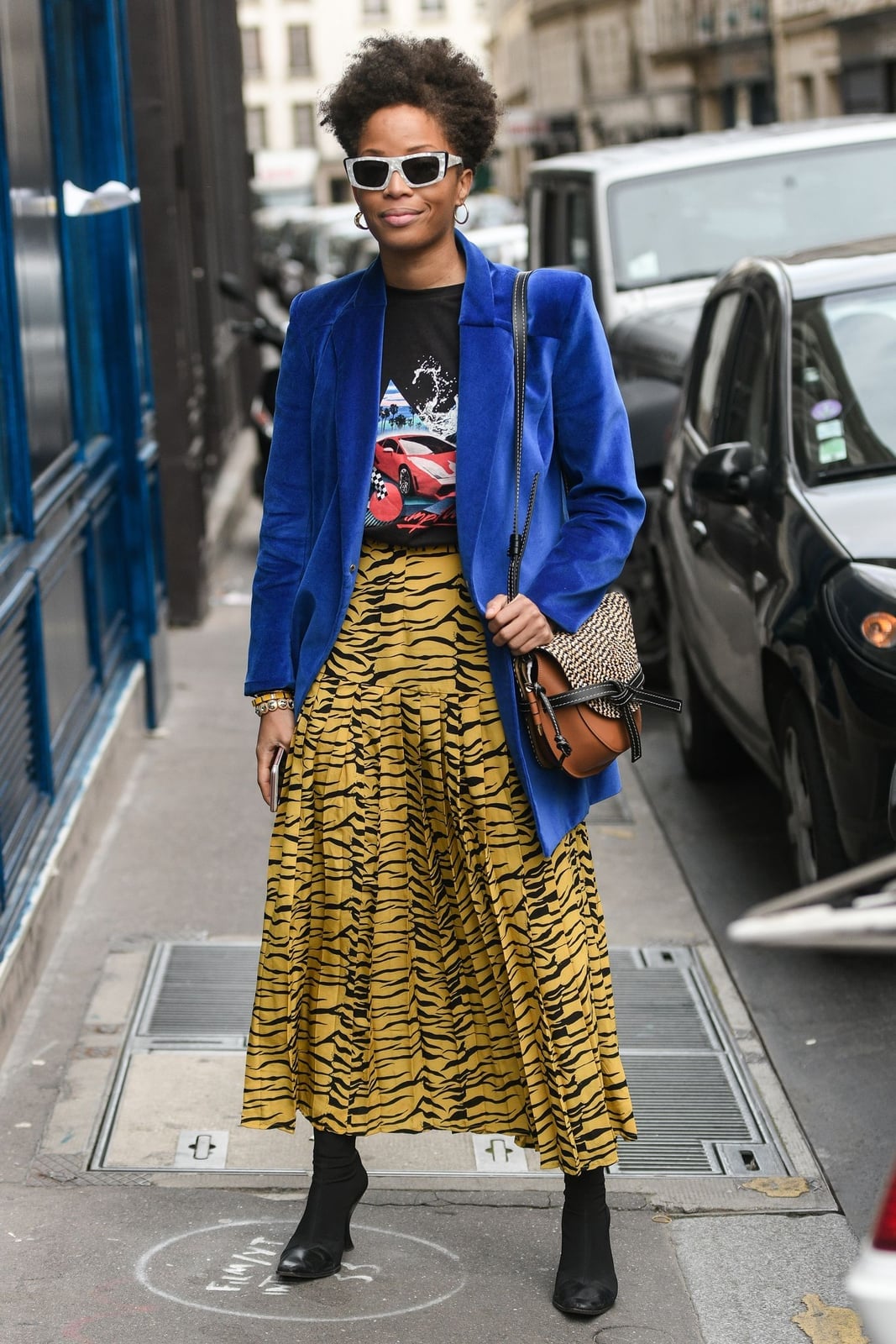 Graphic T-shirt Under Velvet Blazer With Printed Skirt Graphic T-shirt Under Velvet Blazer With Printed Skirt — Tshirt Outfit