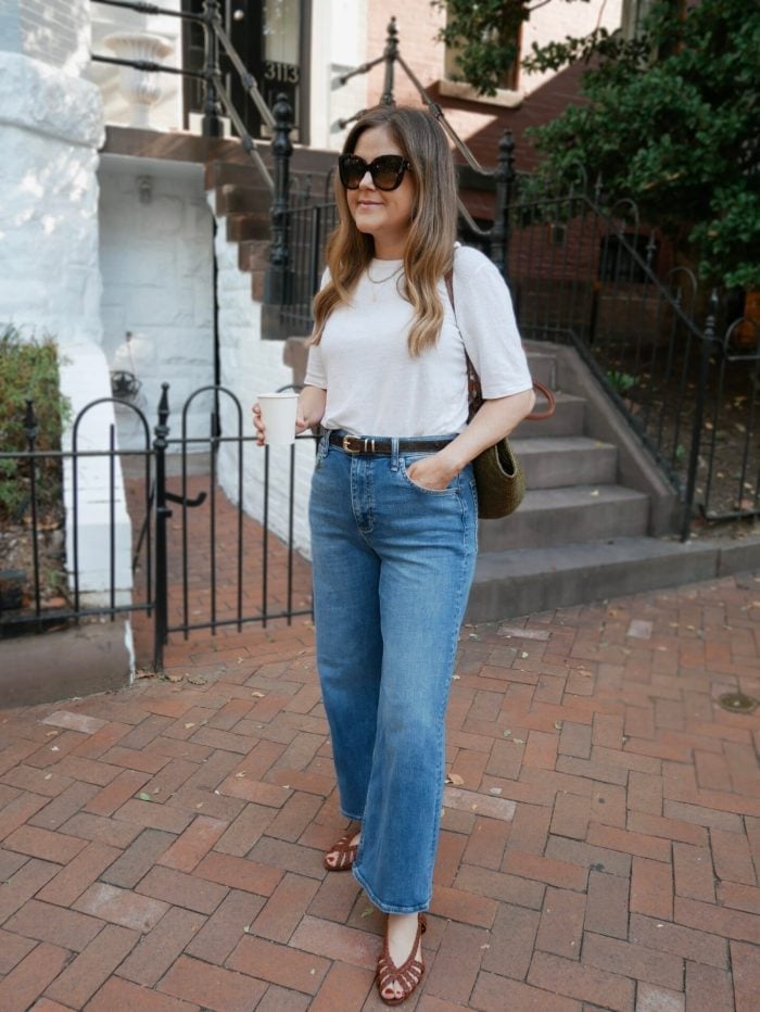 Classic White T-shirt With Blue Wide-Leg Jeans And Brown Sandals Classic White T-shirt With Blue Wide-Leg Jeans And Brown Sandals — Tshirt Outfit