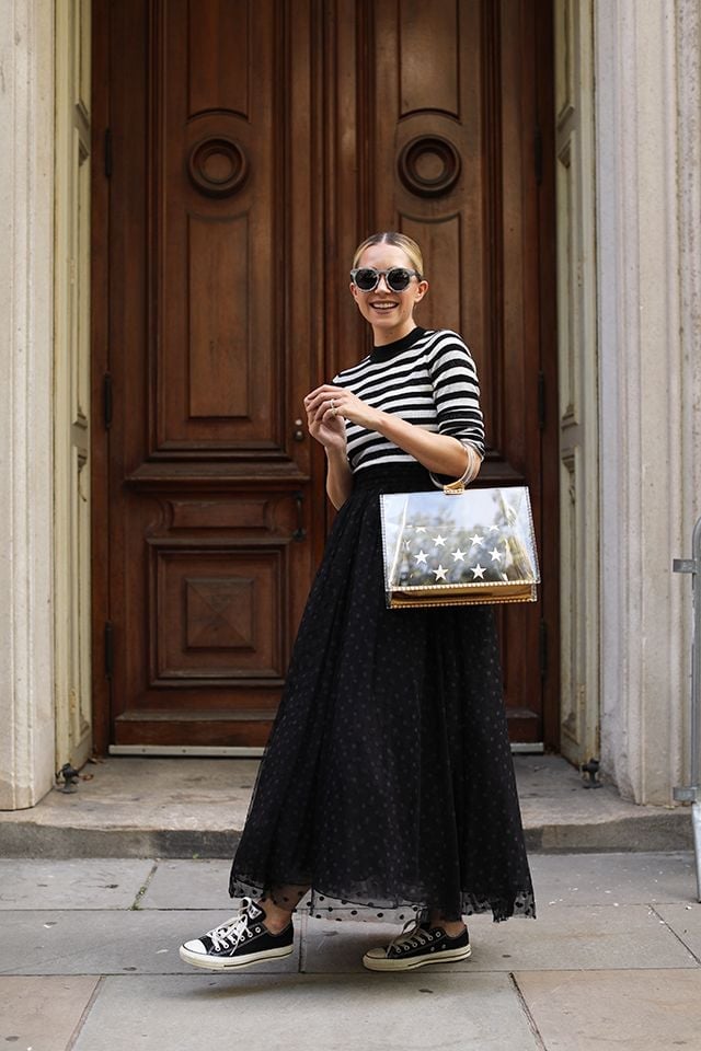 Black Tulle Maxi Skirt With Striped Top — Tulle Skirt Outfits