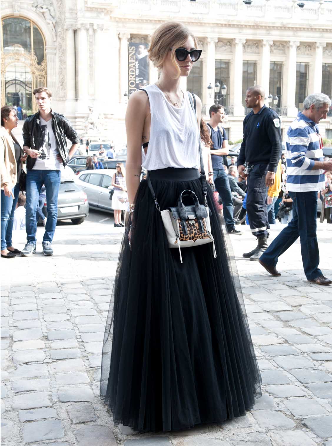 Long Black Tulle Skirt With White Tank and Heeled Sandals — Tulle Skirt Outfits