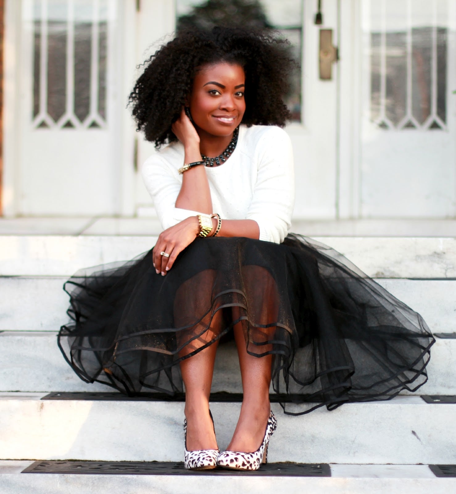 Black Tulle Skirt With Crew Neck Sweater and Leopard Print Heels — Tulle Skirt Outfits