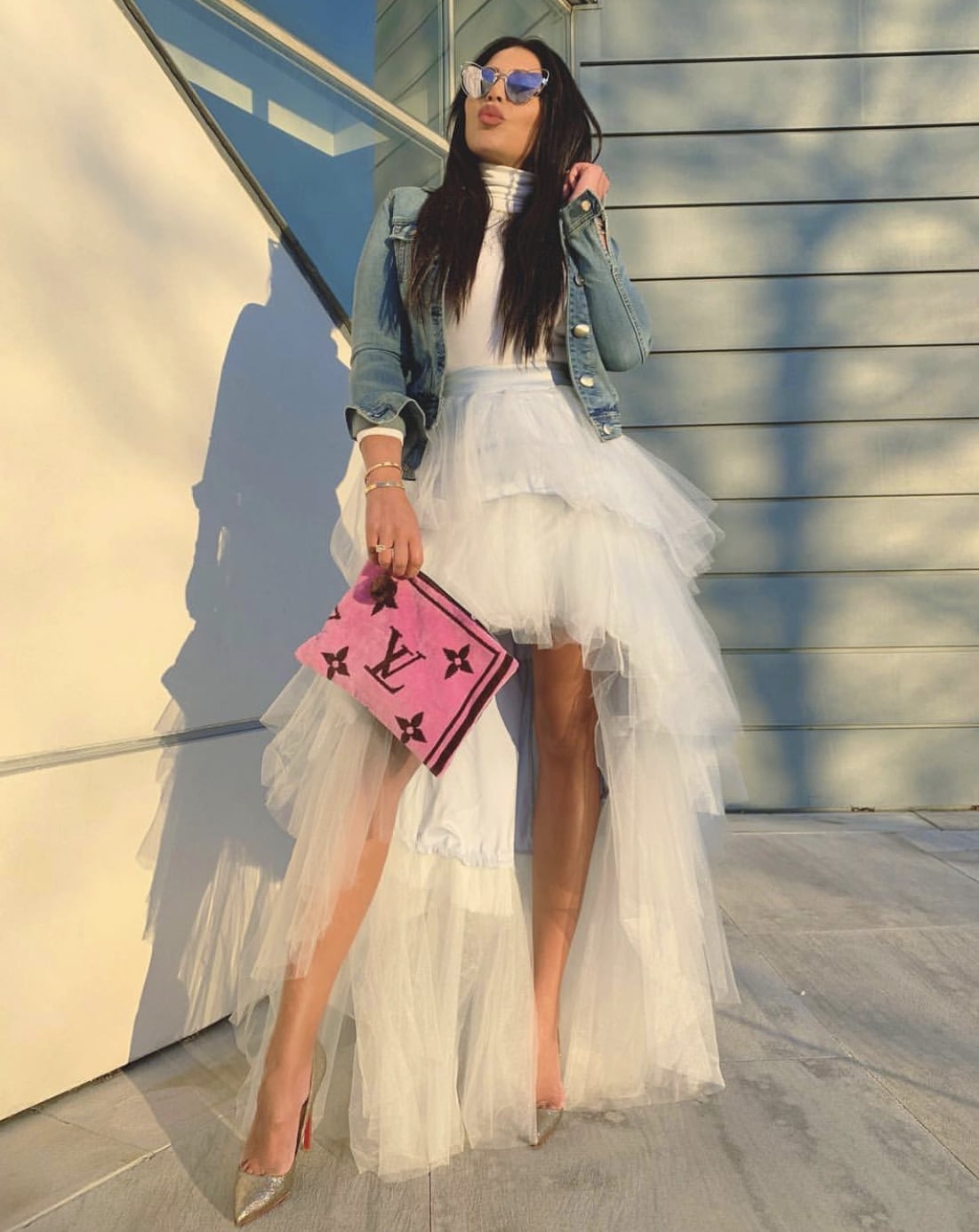 White Tiered Tulle Skirt With Denim Jacket — Tulle Skirt Outfits