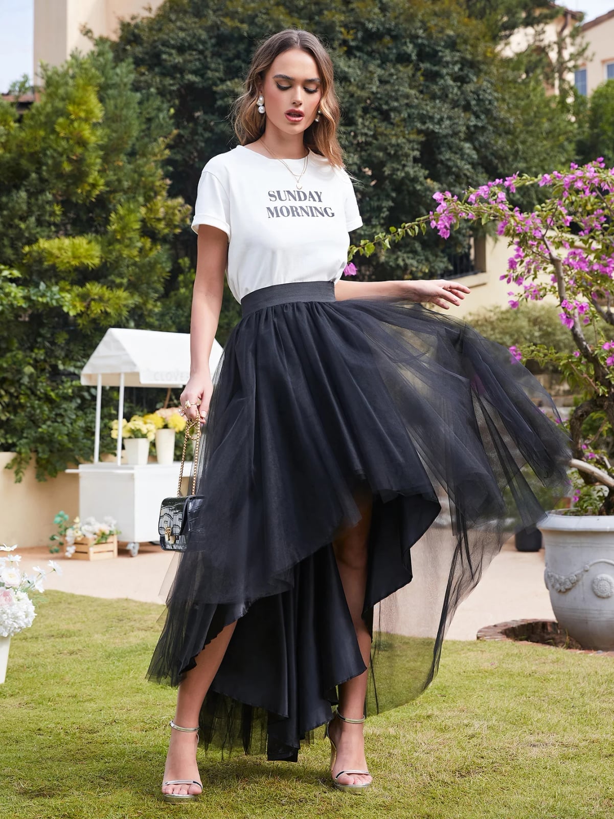 Black High-Low Hem Tulle Skirt With Graphic Tee — Tulle Skirt Outfits