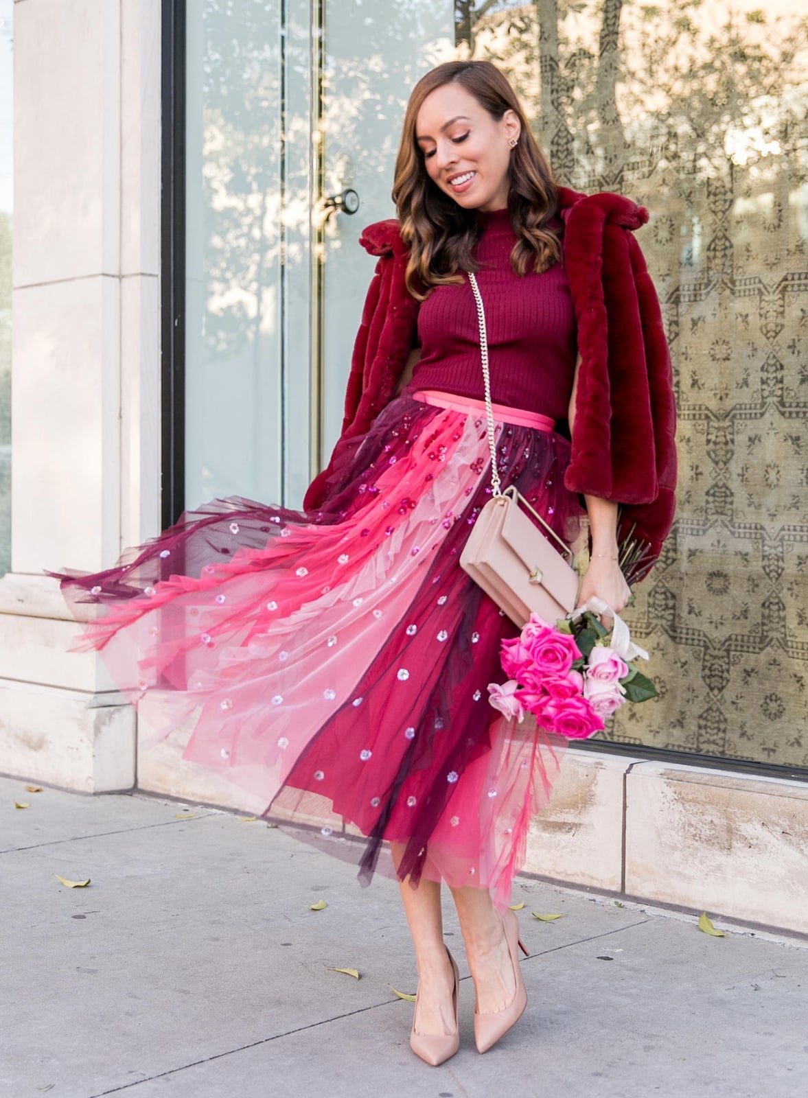 Sequined Tulle Skirt With Faux Fur Coat — Tulle Skirt Outfits