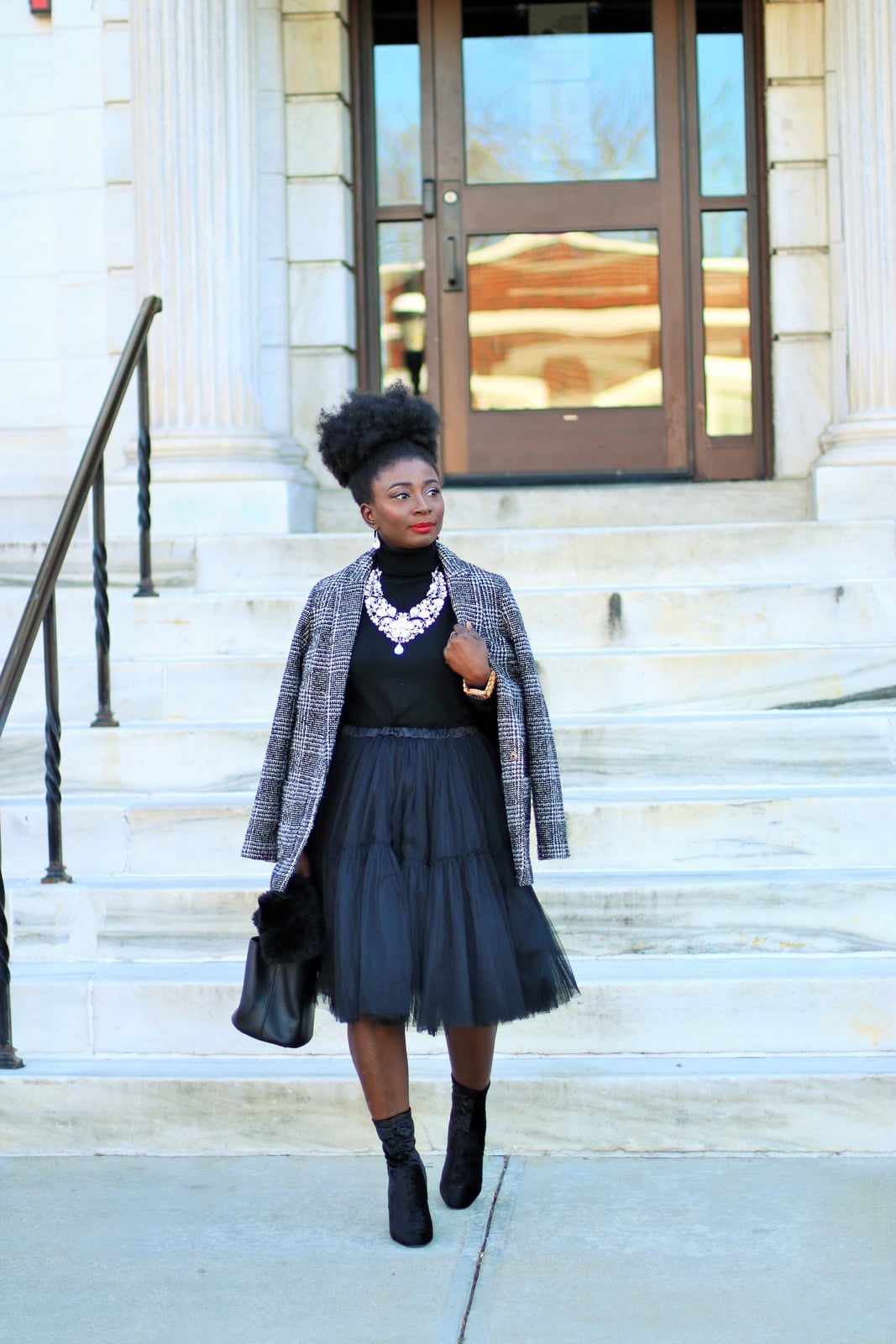 Black Tulle Skirt With Plaid Coat Drape — Tulle Skirt Outfits