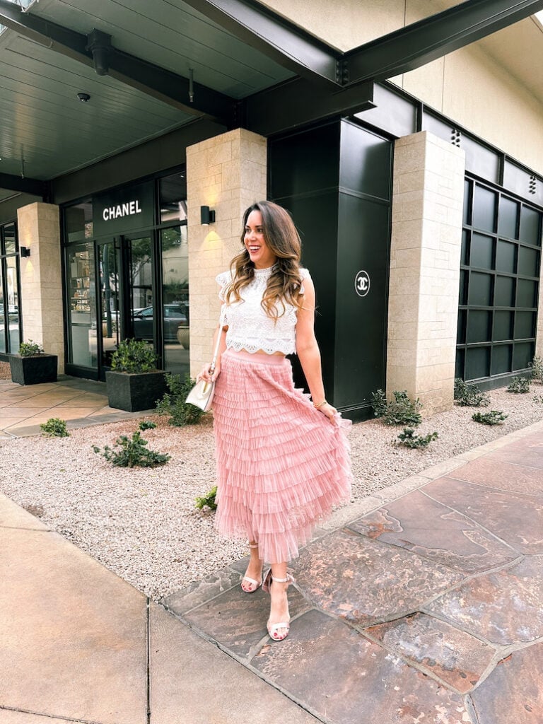Pink Tiered Ruffled Tulle Skirt With Lace Top — Tulle Skirt Outfits