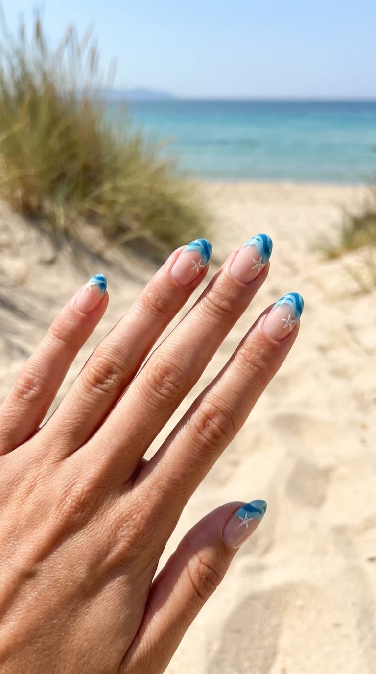 Medium Almond French Wave Turquoise Art Medium Almond French Wave Turquoise Art — Turquoise Nails