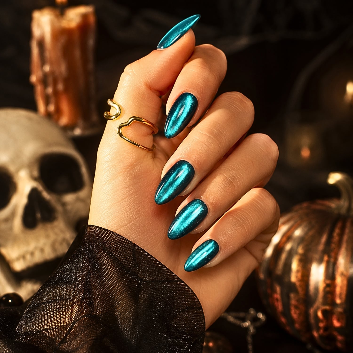 Chrome Cat Eye Medium Almond Turquoise, миндаль Chrome Cat Eye Medium Almond Turquoise, миндаль — Turquoise Nails
