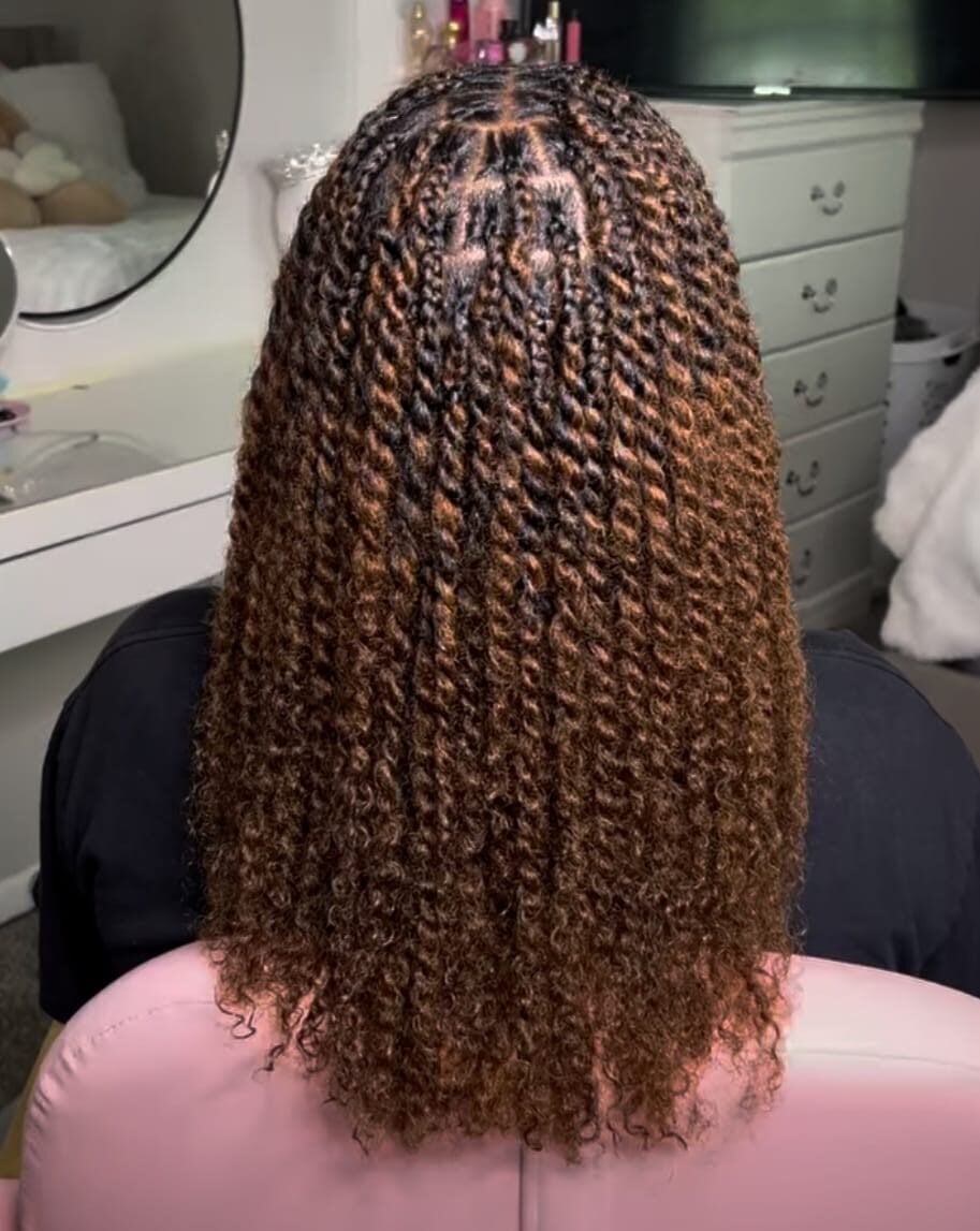 Mid-Back Twists With Warm Brown Balayage Mid-Back Twists With Warm Brown Balayage — Two Strand Twists