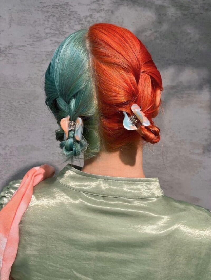 Teal and Orange Split Braids and Buns Teal and Orange Split Braids and Buns — Two Tone Hair