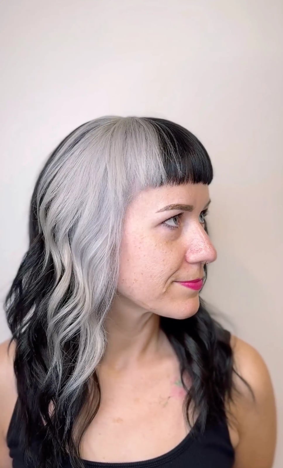 Collarbone Bob With Black and Gray Split Dye Collarbone Bob With Black and Gray Split Dye — Two Tone Hair