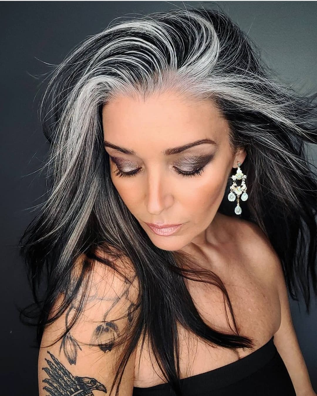 Black With White Streaks Voluminous Blowout Black With White Streaks Voluminous Blowout — Two Tone Hair