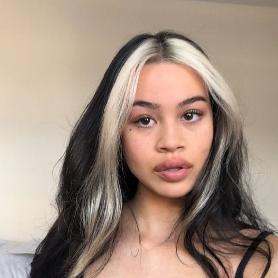 Long Black With Platinum Face-Framing Strands Long Black With Platinum Face-Framing Strands — Two Tone Hair