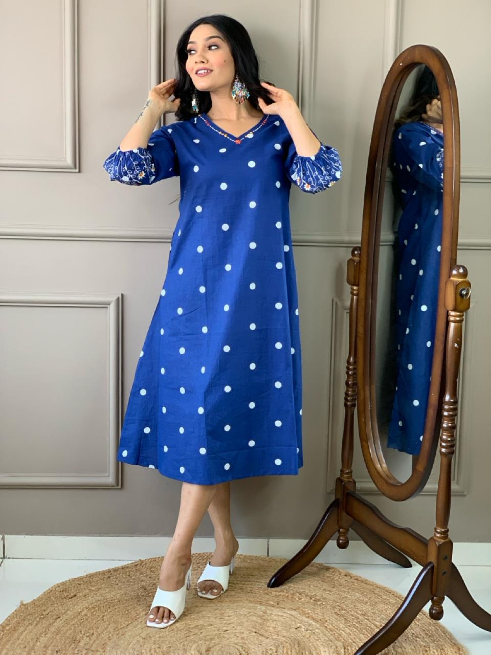 Blue Polka Dot Knee-Length Dress — Types of Dresses