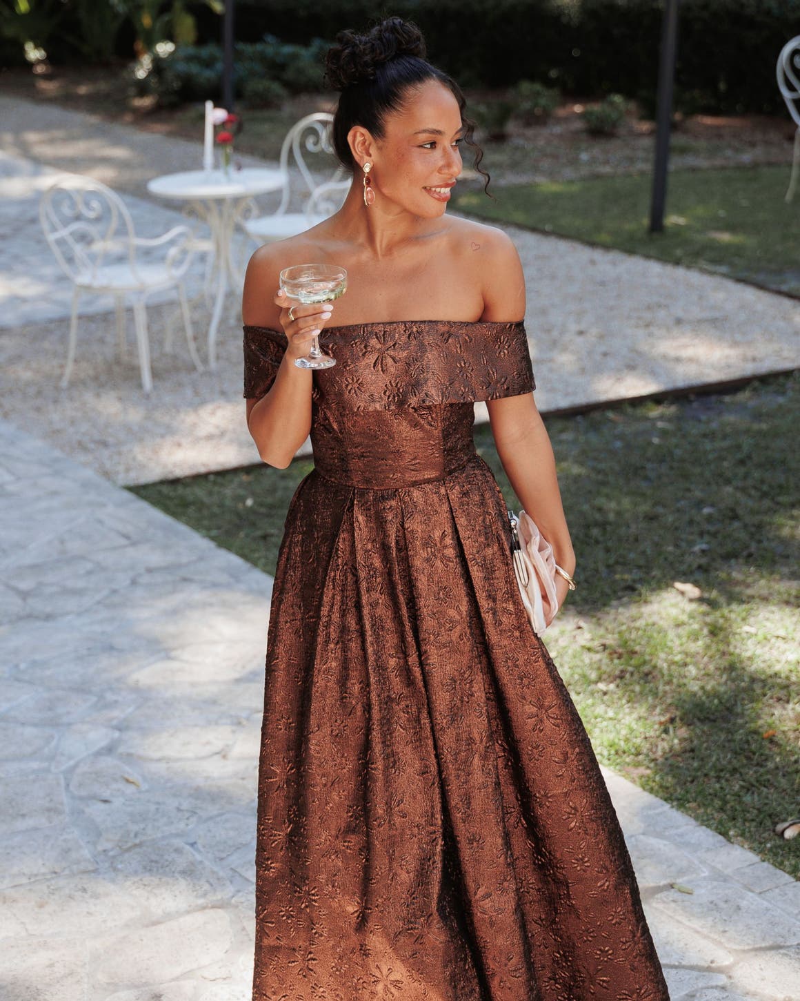 Brown Brocade Off-the-Shoulder Dress — Types of Dresses