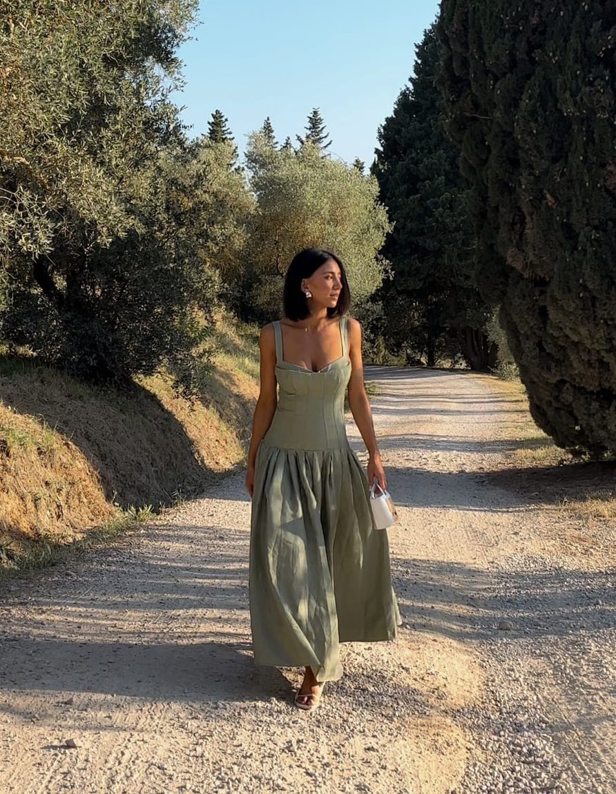Sage Green Linen Blend Midi Dress — Types of Dresses