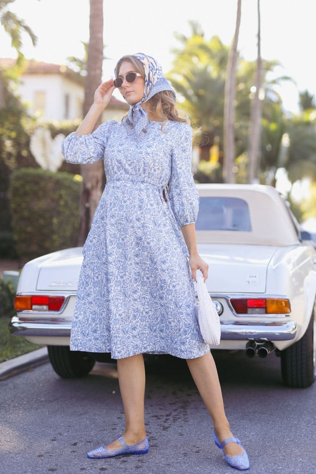 Blue and White Floral Print Midi Dress — Types of Dresses