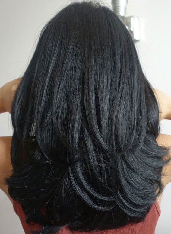 Mid-Back Dark Brown Layered U Shape With Blowout With Soft Waves — U Shape Haircuts