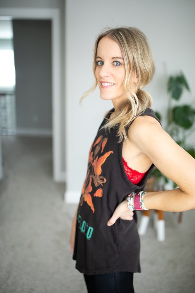 Graphic Tank Top With Red Lace Bralette — Under Outfits