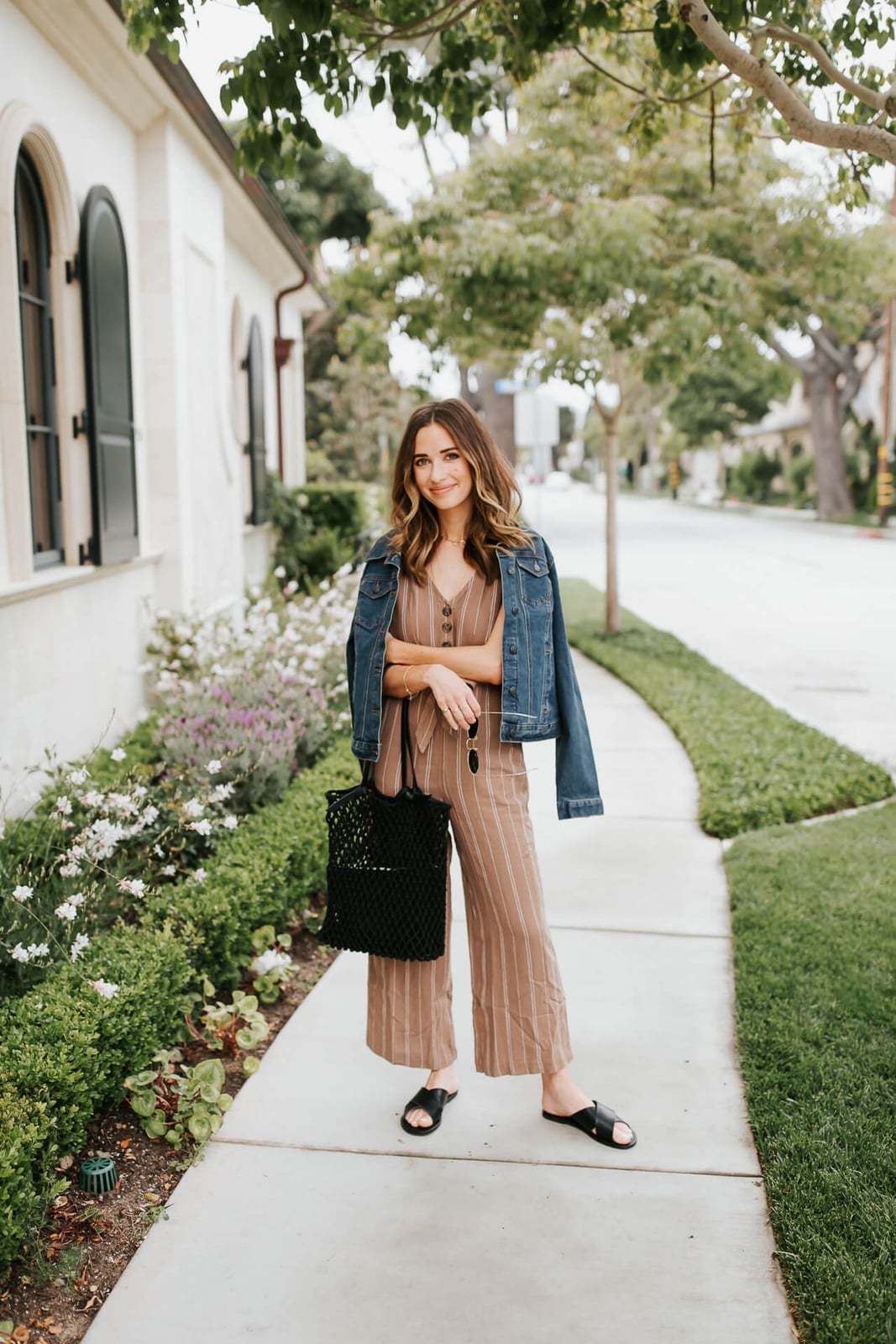 Striped Jumpsuit With Draped Denim Jacket — Under Outfits