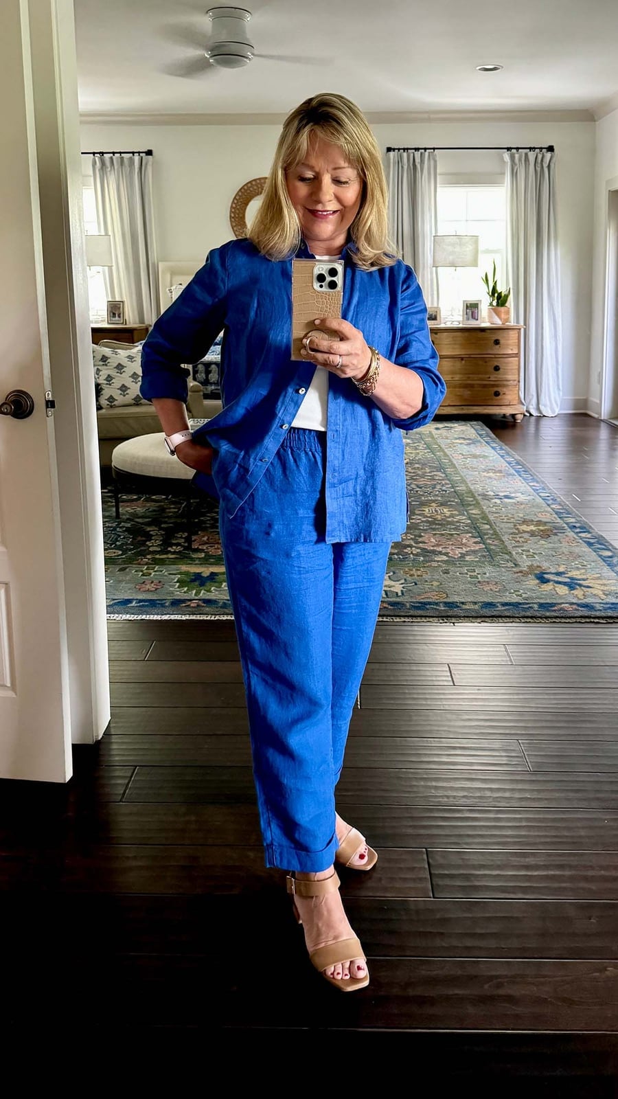Royal Blue Linen Suit With White Tank Top — Under Outfits