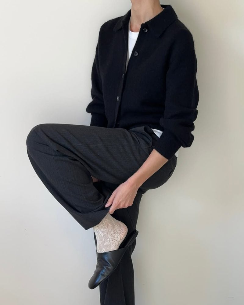 Cardigan Over T-shirt With Pinstripe Trousers — Under Outfits