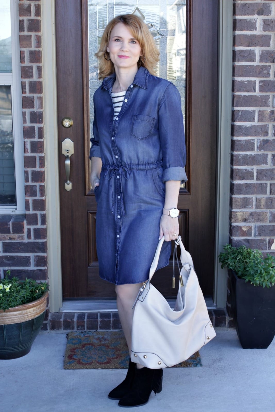 Denim Shirtdress Over Striped Top — Under Outfits