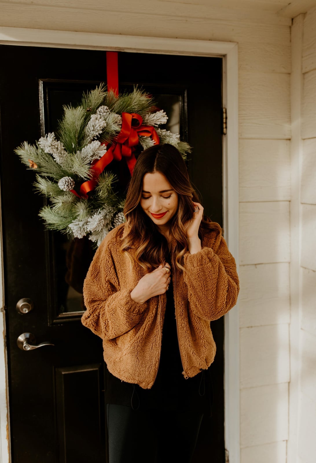 Brown Teddy Jacket Over Black Top, Close-Up Take — Under Outfits
