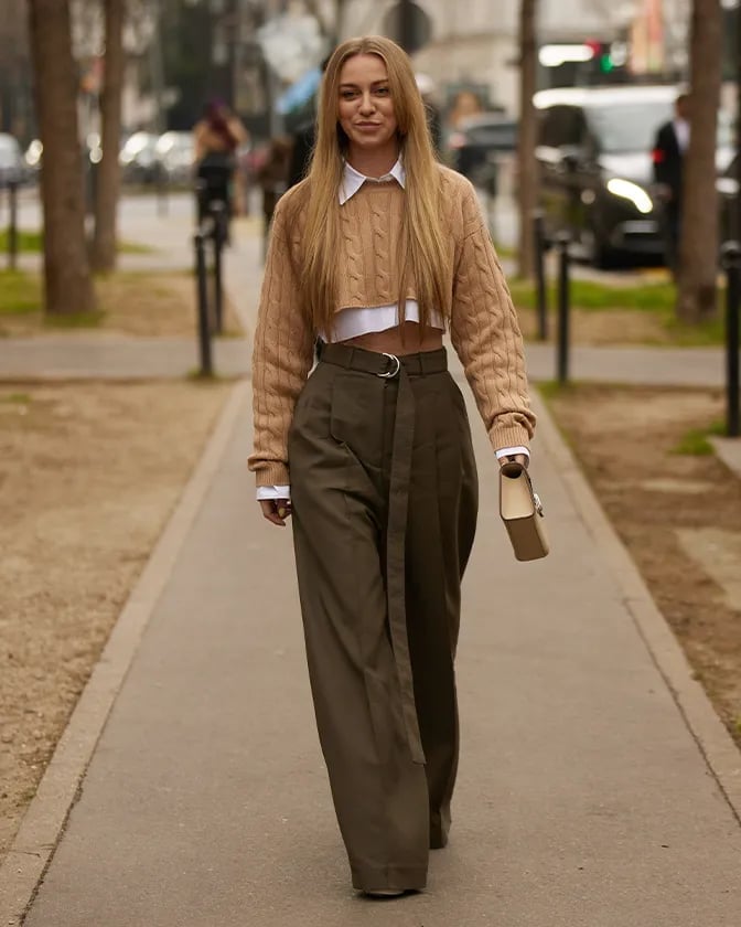 Collared Shirt Under Cropped Cable Knit Sweater — Under Outfits