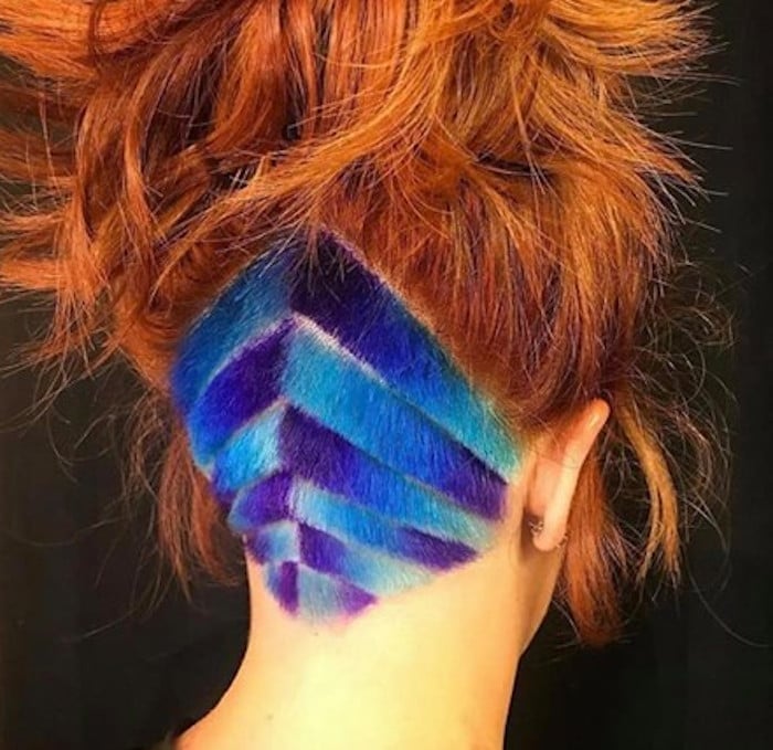 Red Wavy Updo With Blue and Purple Undercut Design — Undercut Hairstyles