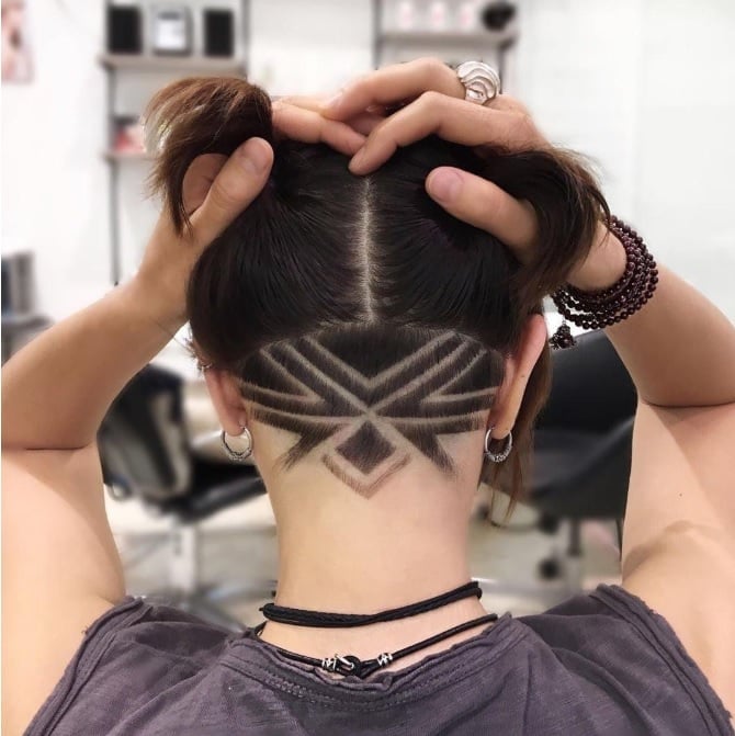 Dark Brown Undercut With Geometric Design and Two Buns — Undercut Hairstyles