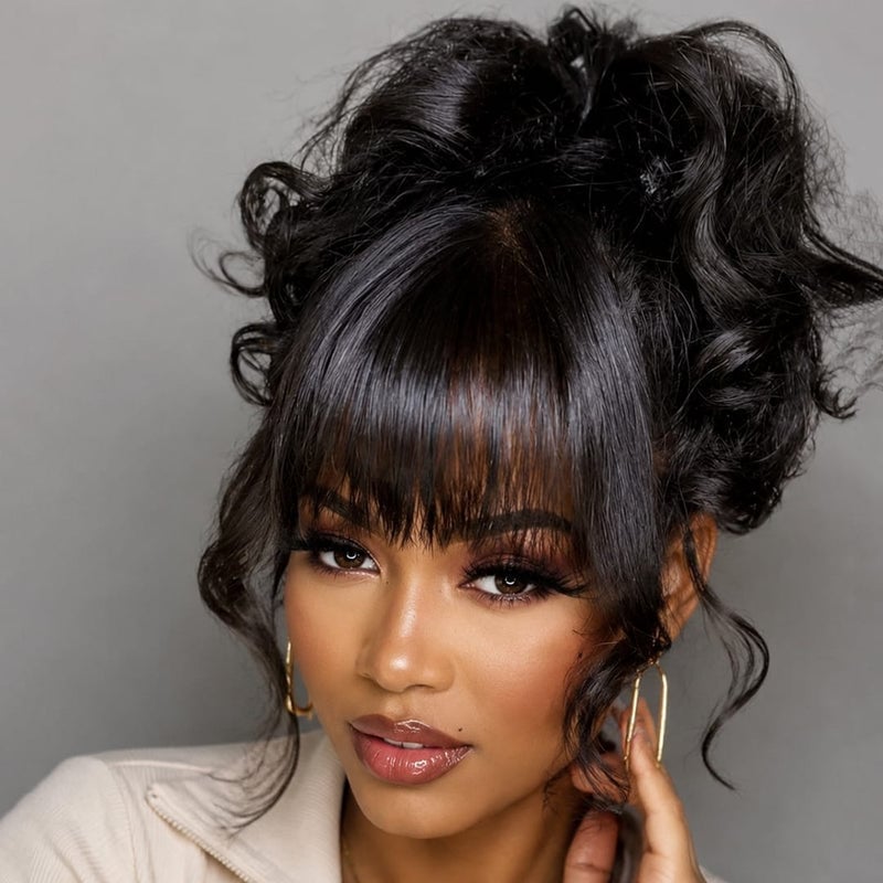 Black Wavy Updo With Full Fringe Black Wavy Updo With Full Fringe — Updo Wig