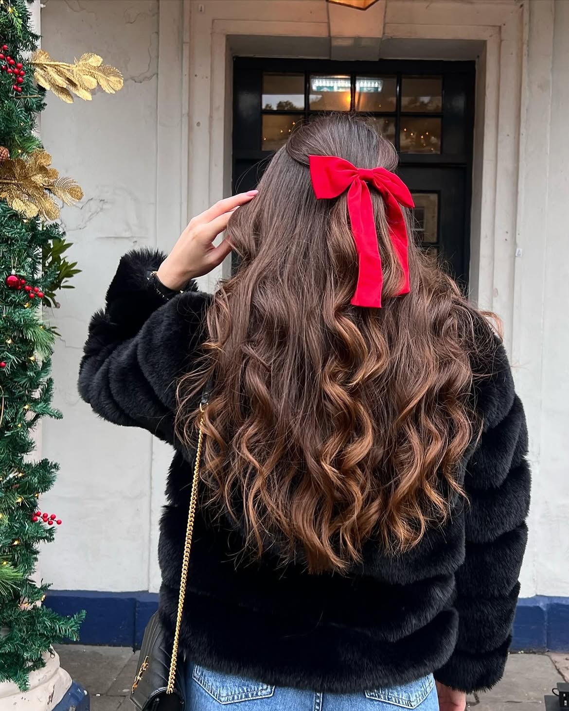 Velvet Bow Half-Up Waves With Warm Balayage