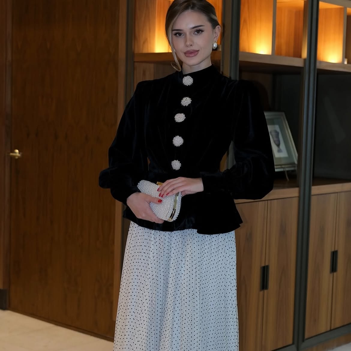 Velvet Peplum Jacket With Polka Dot Skirt