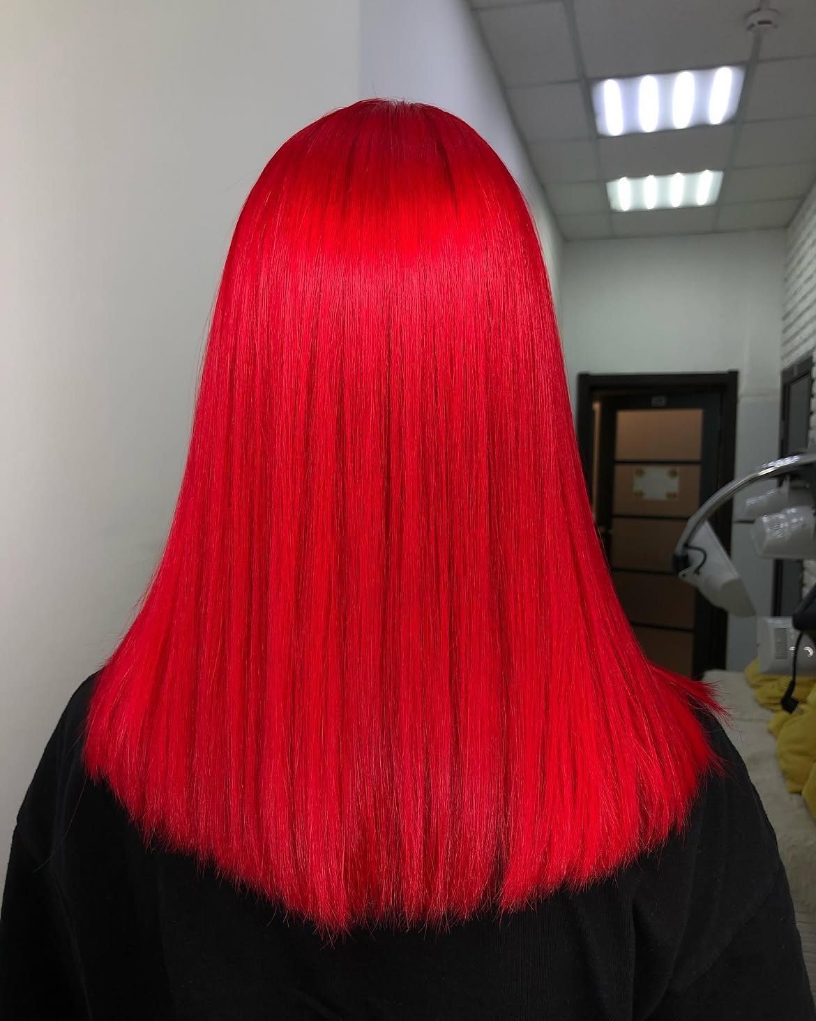 Vibrant Cherry Red Blunt Cut Long Bob