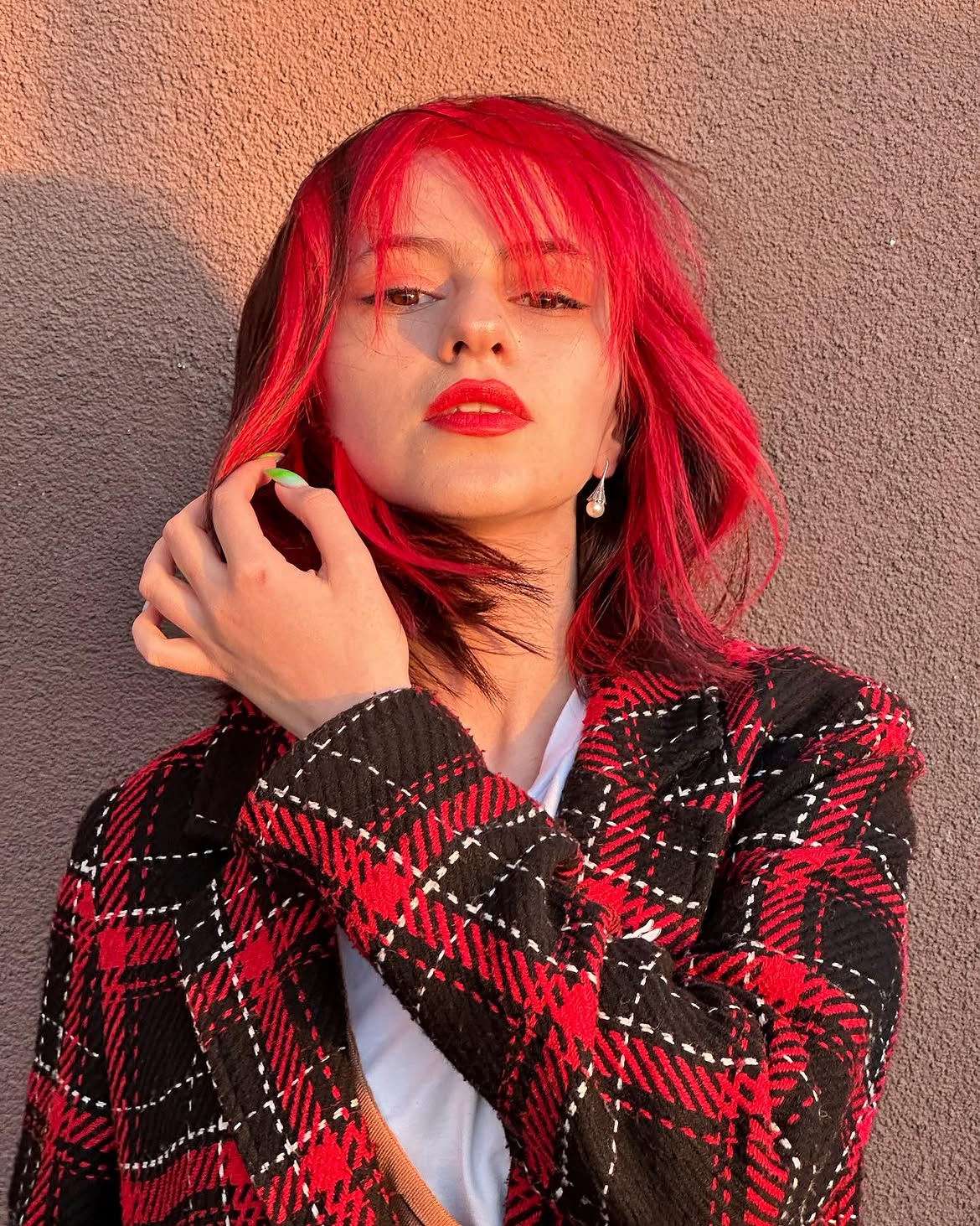 Vibrant Cherry Red Lob With Wispy Bangs
