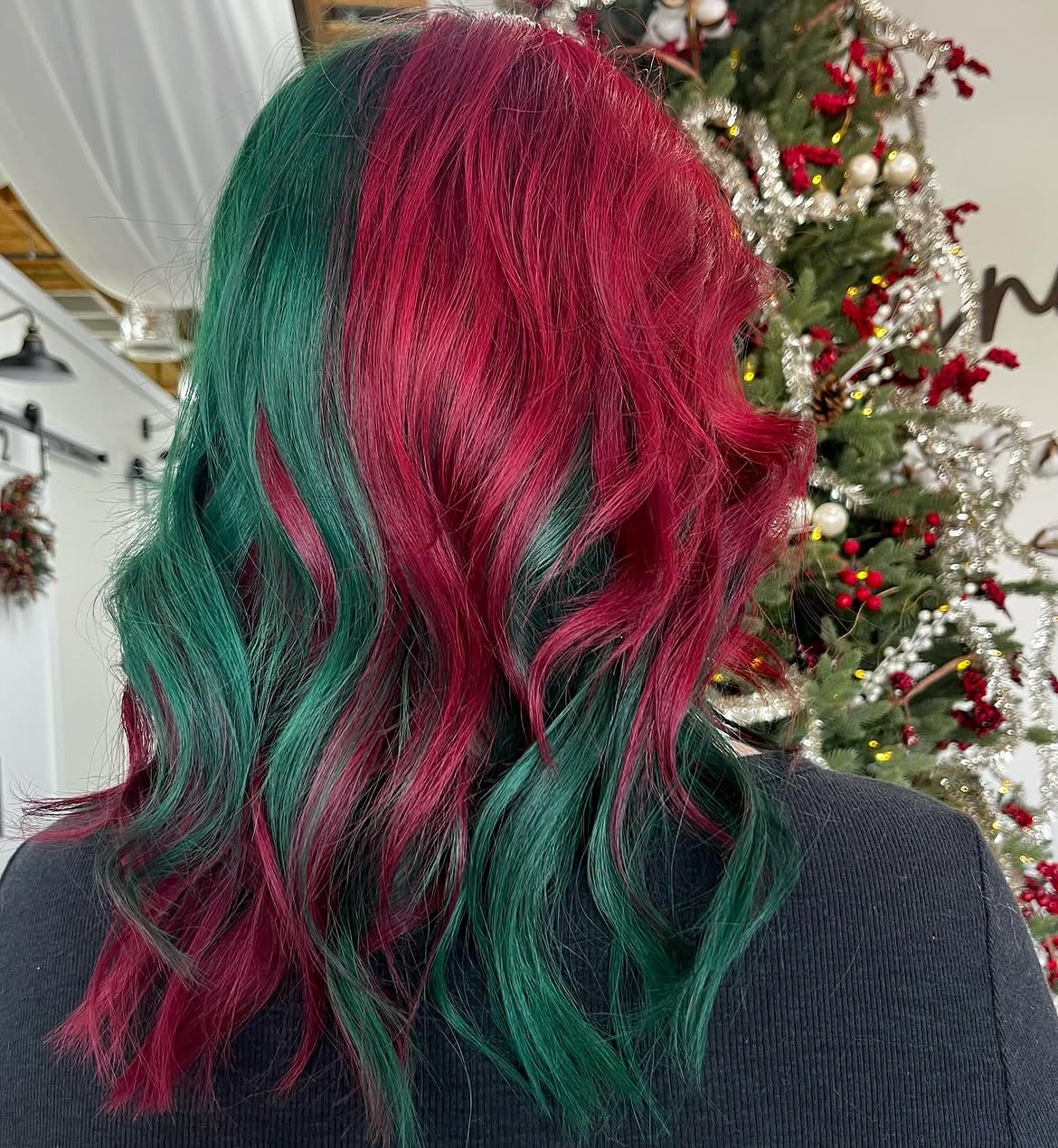 Vibrant Red And Green Split Dye Holiday Waves