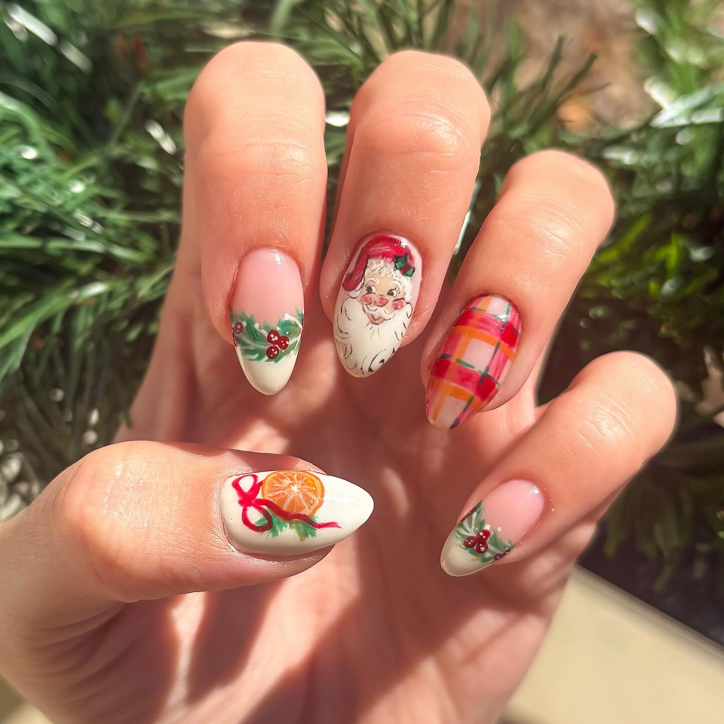 Vintage Christmas Santa and Plaid Almond Nails