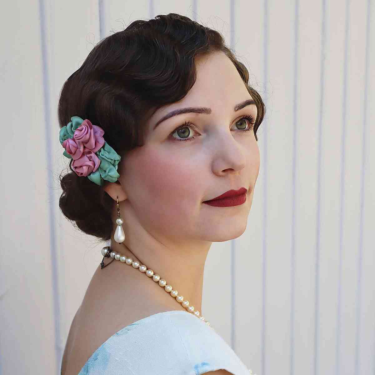 Ear Length Dark Brown Bob Finger Waves With Side Swept Bangs Ear Length Dark Brown Bob Finger Waves With Side Swept Bangs — Vintage Hairstyles