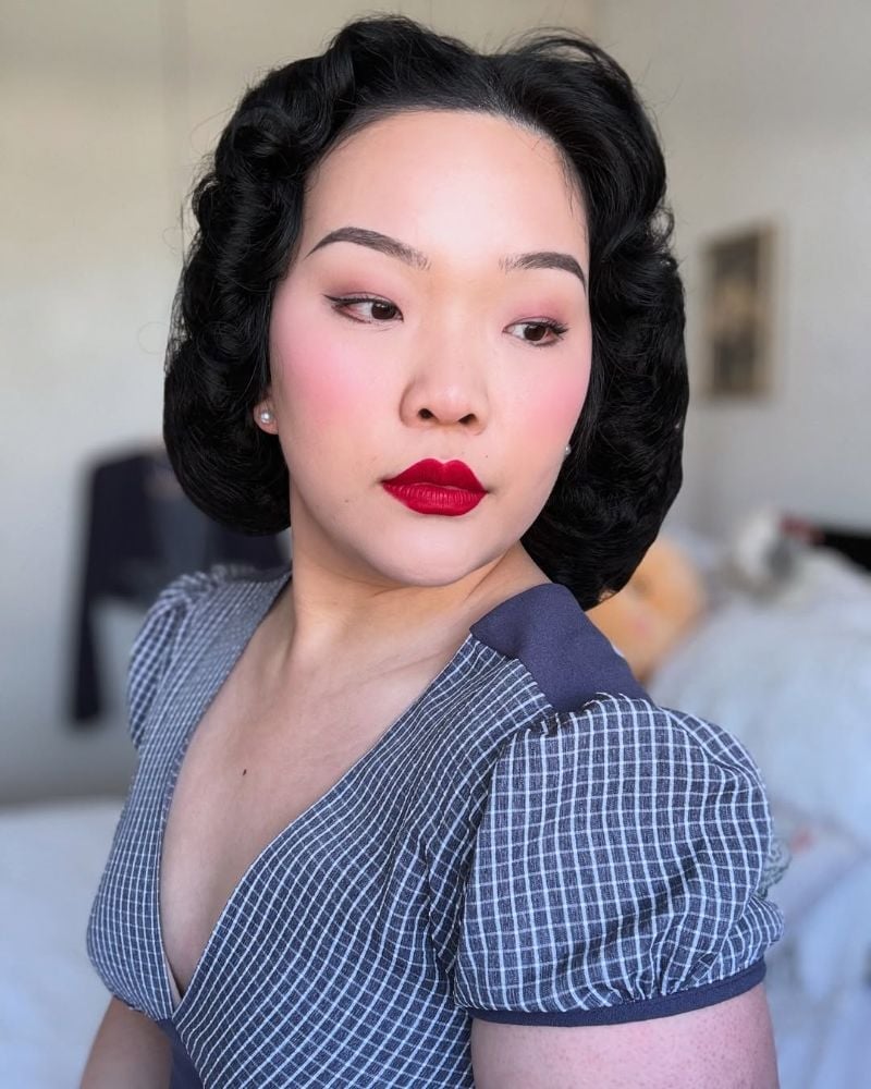 Chin Length Black Bob Victory Rolls Chin Length Black Bob Victory Rolls — Vintage Hairstyles