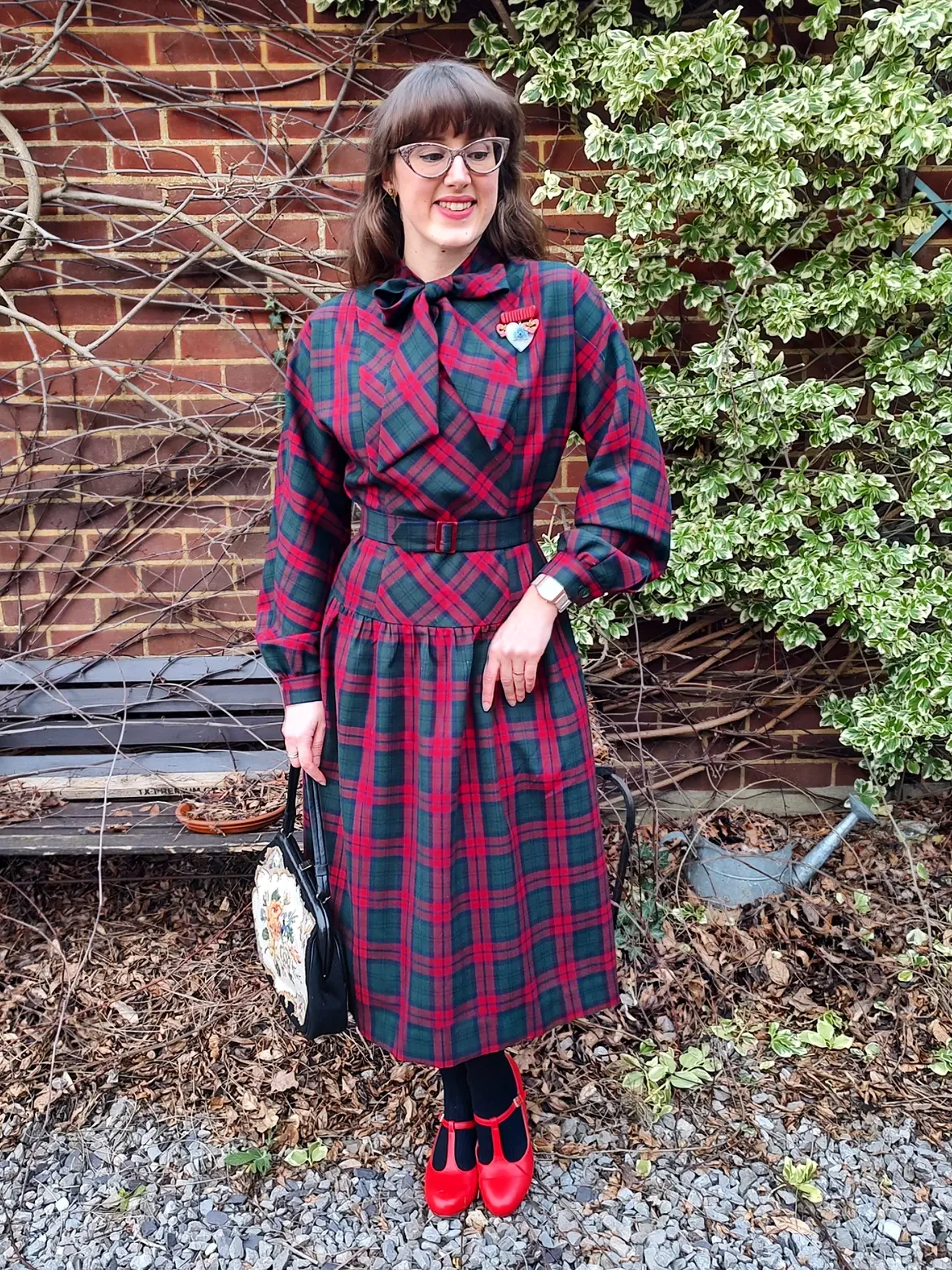 Vintage Plaid Midi Dress With Red Mary Janes