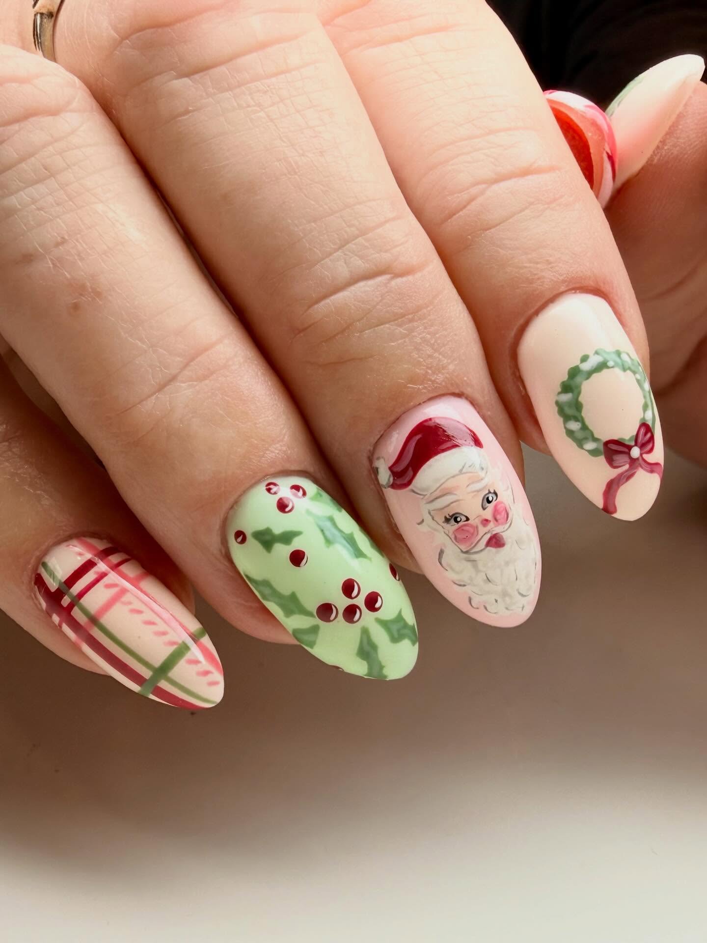 Vintage Santa and Holly Christmas Almond Nails